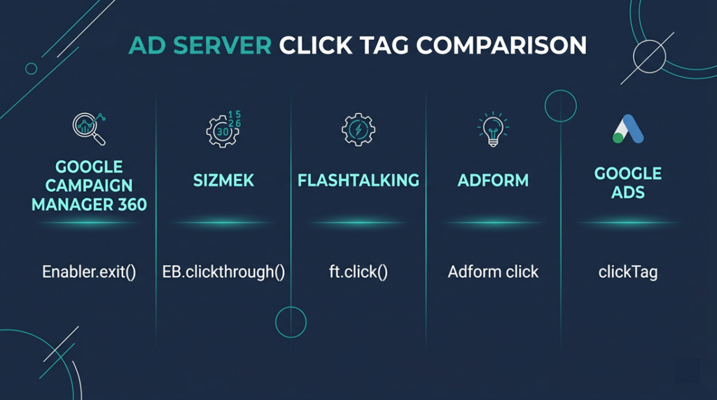 Click tag implementation comparison across ad servers — Campaign Manager 360, Sizmek, Flashtalking, Adform, and Google Ads