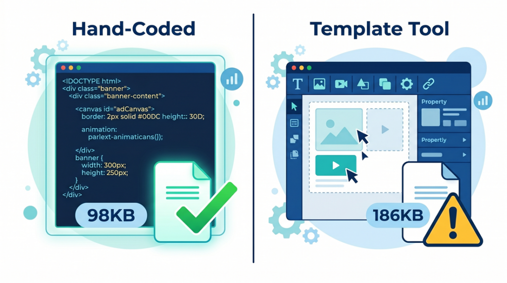  Hand-coded HTML5 banners versus template-built banners comparing file size and code quality