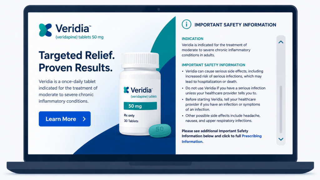 Pharma banner ad example showing benefit creative section with product image and CTA alongside scrollable important safety information