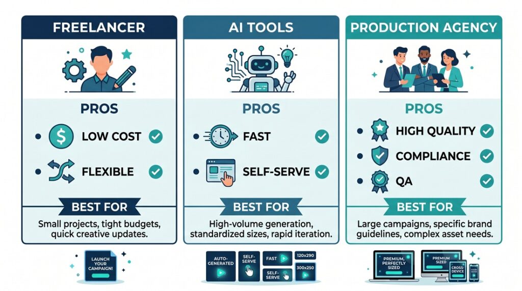 Comparison of HTML5 banner production options — freelancer vs AI tools vs production agency with pros and best use cases