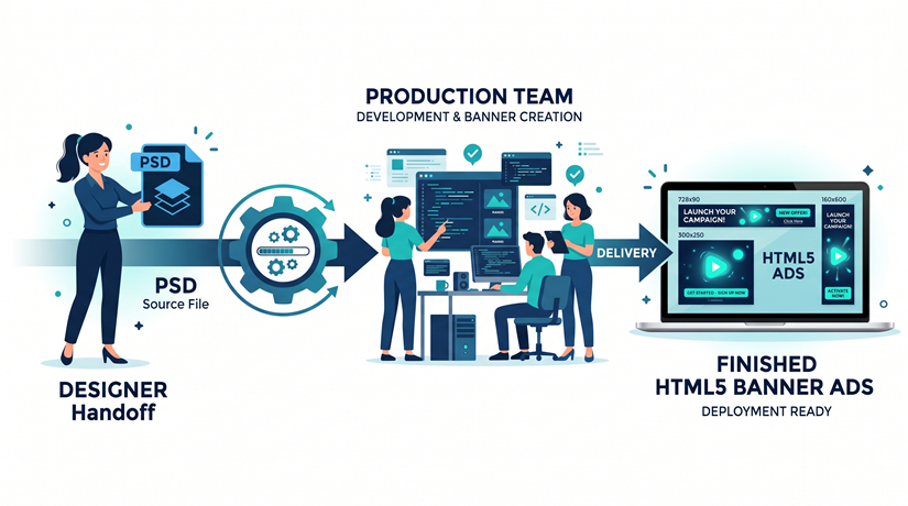 Comparison of HTML5 banner production options — freelancer vs AI tools vs production agency with pros and best use cases