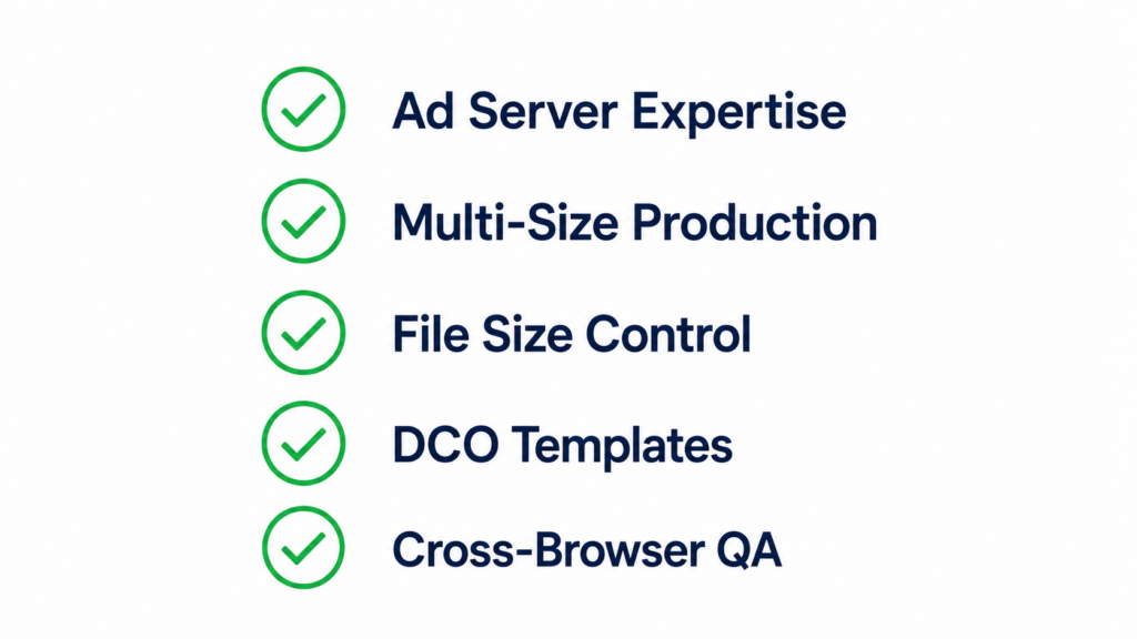 Checklist for choosing an HTML5 banner production partner — ad server expertise, multi-size production, file size control, DCO templates, and cross-browser QA