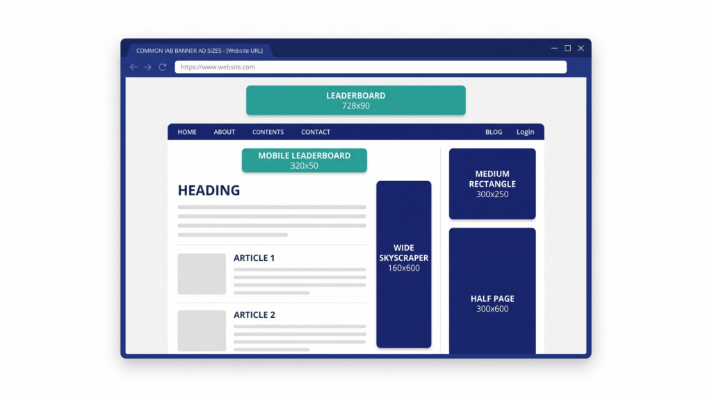 Common IAB standard banner ad sizes displayed on a website layout including 728x90 leaderboard, 300x250 medium rectangle, 160x600 wide skyscraper, 300x600 half page, and 320x50 mobile leaderboard
