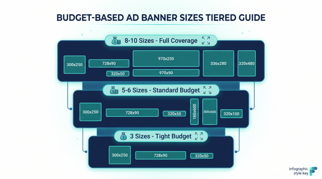 Banner ad sizes tiered by budget — 3 sizes for tight budget, 5-6 sizes for standard budget, 8-10 sizes for full coverage