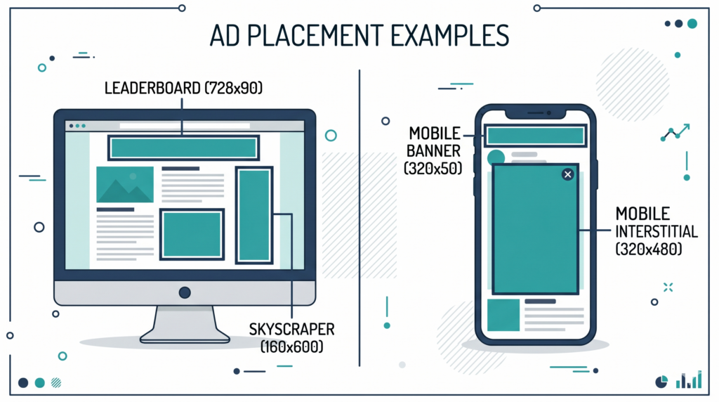 Desktop and mobile banner ad placement examples showing 728x90 leaderboard, 160x600 skyscraper, 320x50 mobile banner, and 320x480 mobile interstitial