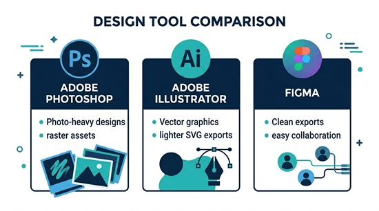 Comparison of Photoshop, Illustrator, and Figma for HTML5 banner production showing strengths of each tool