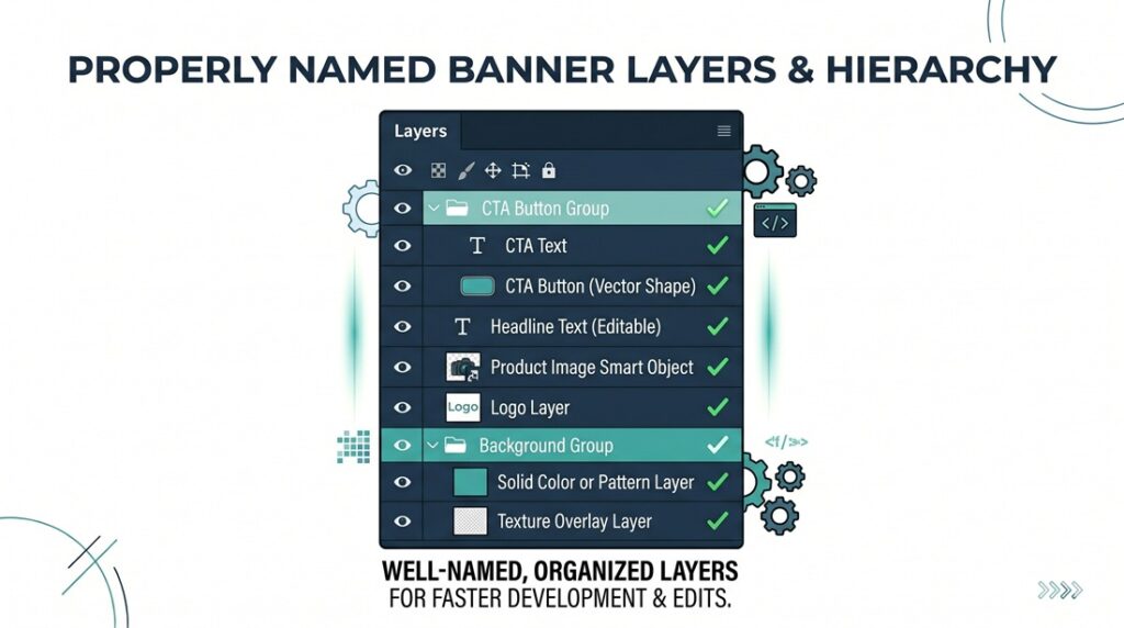 Properly organized Photoshop layers panel for HTML5 banner production showing named and grouped layers