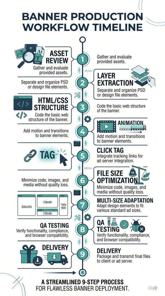 Nine-step production timeline for converting PSD files to HTML5 banner ads from asset review to delivery